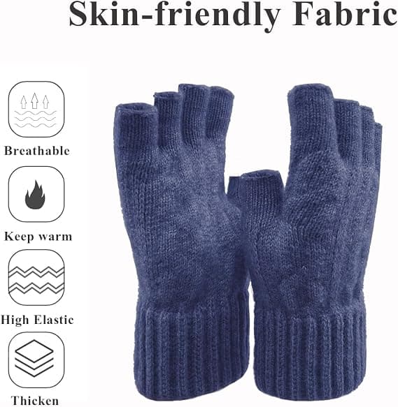 Vinter Halvfingerhandsker, Fingerløse Strikkede Handsker, Varme Elastiske Handsker til Mænd og Kvinder blue