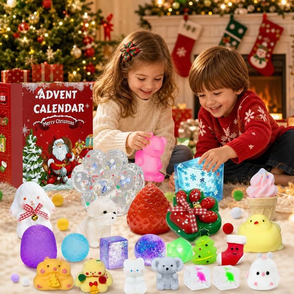 2026 Squishy Adventskalender, 24 st sensoriska fidgetleksaker, mjuka klämleksaker och stressbollar, överraskningsset för barn