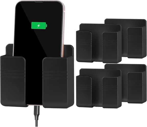 Sæt med 4 vægmonterede telefonholdere med huller til datakabler og tape. (Sort)