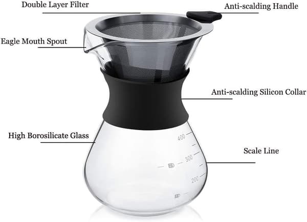 Manuell kaffebryggare med filter i rostfritt stål, 600 ml