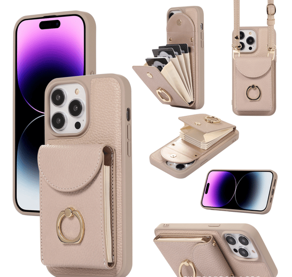 Ett telefonfodral för iPhone 17 Pro med plånboksfunktion, ringhållare och RFID-kortplats. Passar den beige iPhone 17 Pro.