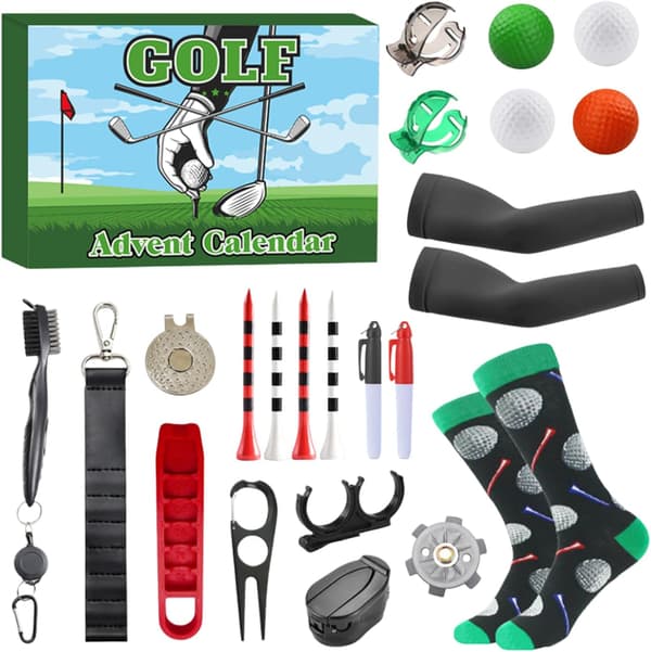 Golf Julekalender 2026 - 24 dages nedtælling med tee-markører og bolde, julekalender til golfelskere