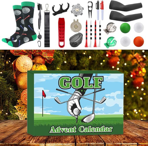 Golf Julekalender 2026 - 24 dages nedtælling med tee-markører og bolde, julekalender til golfelskere