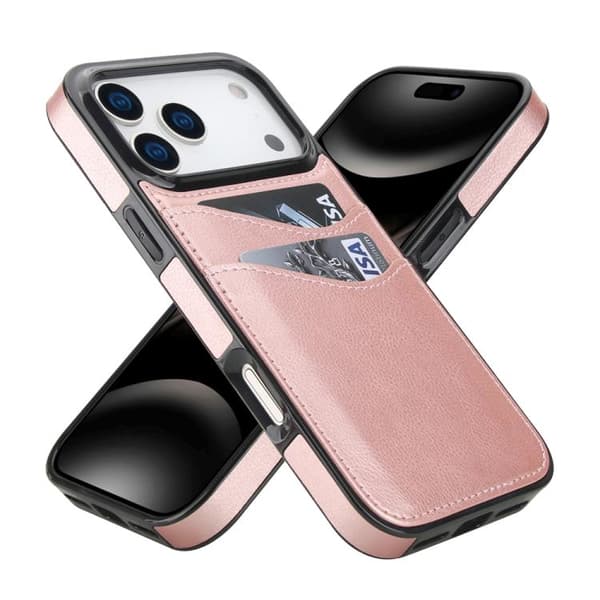 iPhone 17 Pro Max -litchi-nahkakotelo korttipaikalla, ruusukulta Roséguld
