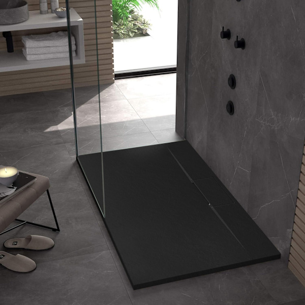 Basalt lång svart duschbricka 80x100