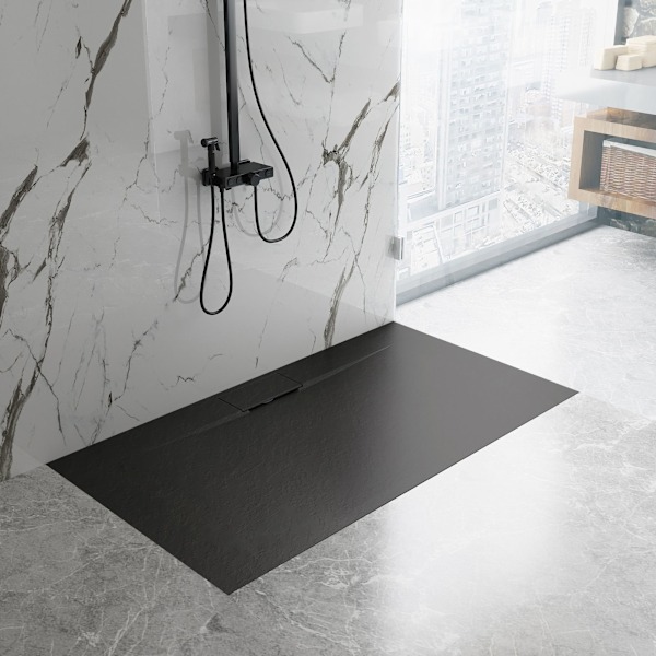 Basalt lång svart duschbricka 80x100