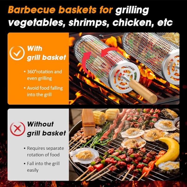 Rolling Grill Basket with Handle - 24x10 cm, Stackable BBQ Grill Basket for Vegetables, Outdoor Cooking
