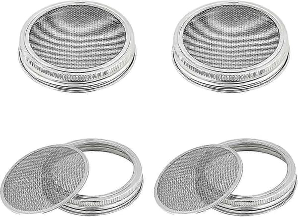 4 stk. spiringslåg i rustfrit stål med netlåg i rustfrit stål til spiringsglas med bred mund