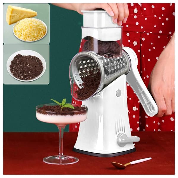 Rotary Grater, 5-in-1, with Flip Box, Vegetable Cutter, Waffle Cutter, Nut Chopper, with Handle and Strong Suction Cup, White