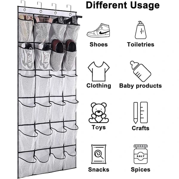 Over-the-Door Shoe Storage with 24 Large Mesh Pockets, Foldable Hanging Storage for Closet Bathroom White White