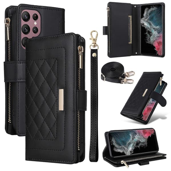 Leather Zipper Wallet Case for Samsung Galaxy S22 Ultra 5G [DB] Black