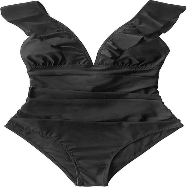 Dame V-hals Badedragt med flæser og snøre Niuniu Black Small