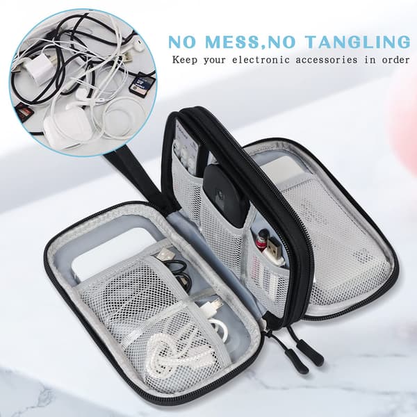 Electronics Accessories Bag, Cable Organizer Bag, 2-Layer Portable Waterproof Travel Case for Cable, SD Card, Charger, Power Bank, Black