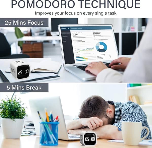 Pomodoro Timer 25/5/10 Min Desktop Timer Vibration Lydstyrke Justerbart Produktivitetsur White