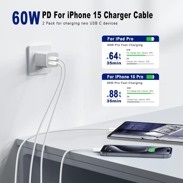 USB C till USB C-kabel 3FT Certifierad 2-pack 60W usbc Flätad Snabbladdande Typ C Laddningskabel Kompatibel med iPhone 17/16 Pro Max
