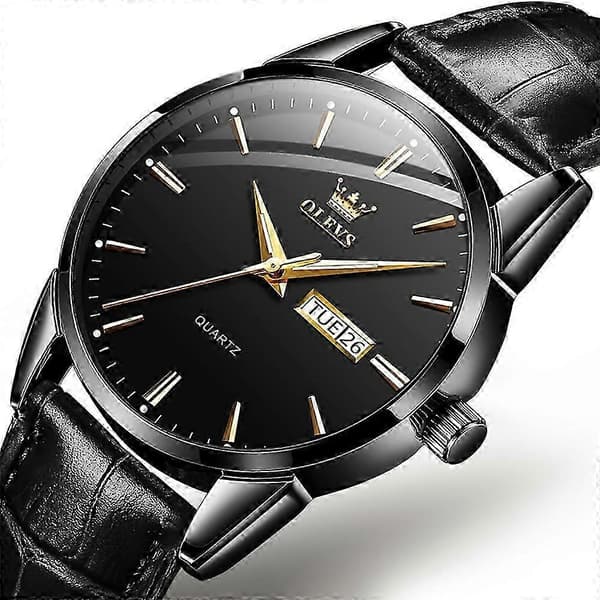 OLEVS 6898 Herre Mode Vandtæt Dobbelt Kalender Quartz Ur 26s unisex Black Leather
