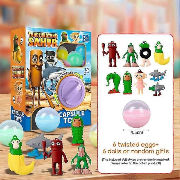 6-pak Brainrot italienske Gashapon-legetøj, sjove Mystery Egg Blind Box samleobjekter til børn [DB] Glod