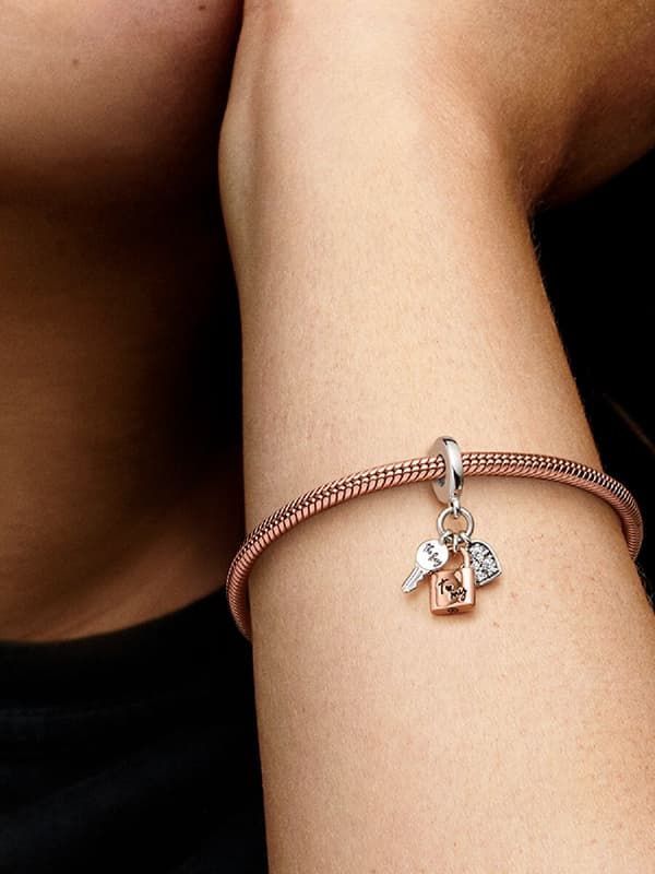 Pandora - Two-tone Key, Padlock & Heart Triple Dangle Charm - Sterling Silver, 14k Rose Gold Plating