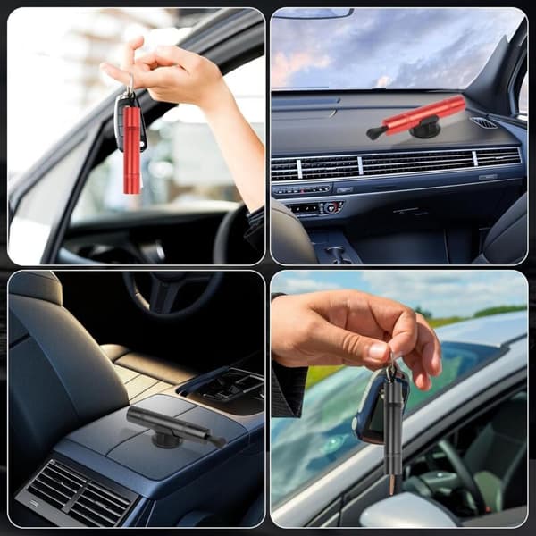 Emergency Hammer and Seatbelt Cutter 2-pack, Compact with Adhesive Mounts, Red and Black