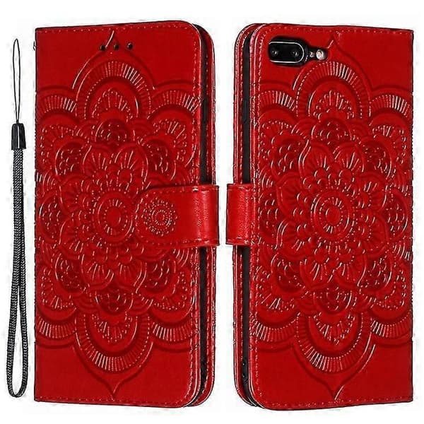 Imprint Mandala Blomsterpung Stand Flip Læder Etui med Rem Kompatibel til iPhone 8 Plus/7 Plus 5.5 tommer Red