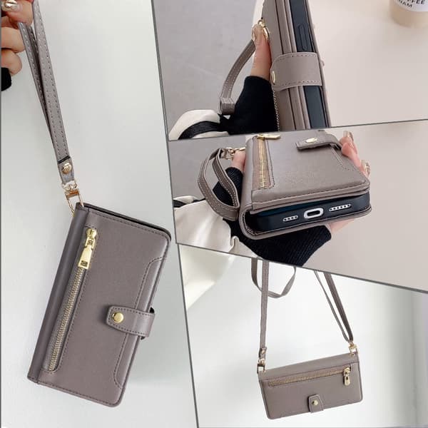 Compatible with Samsung S22 flip crossbody phone case with lanyard multifunctional phone leather case grey