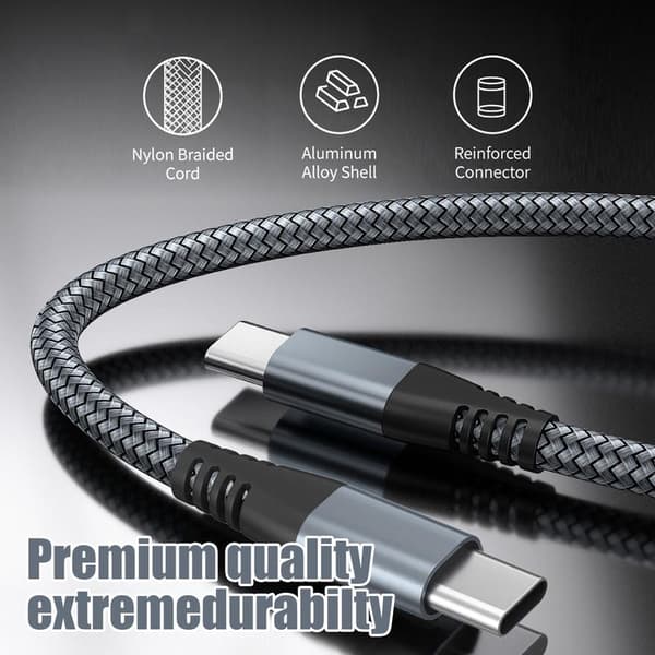 USB-C ladekabel 60 W hurtigopladning, kompatibel med iPhone 15/Plus/Pro Max, Samsung Galaxy S24/S23/S22, Pixel 7 Pro Grå Grå 3 m