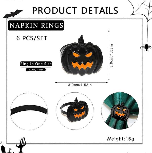 6 stk. Halloween servietringesæt græskar servietringholdere sorte uhyggelige metallegering servietspænder til Halloween