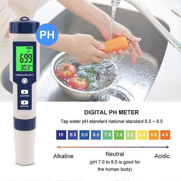 5-i-1 digital pH-testpenna, poolsalttestare, digital salthaltstestare med hög precision för vatten White