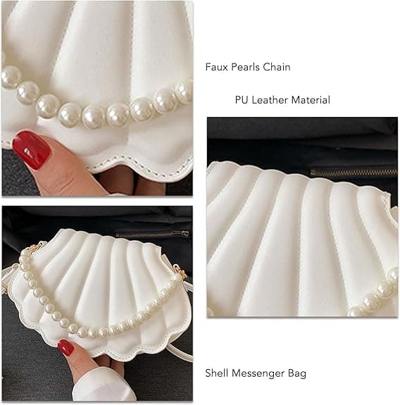 Women's Shoulder Bag, Shell Pattern, Imitation Pearl Decoration, Elegant Shell Shape, Perfect for Parties, Weddings, Dinners, and Banquets White