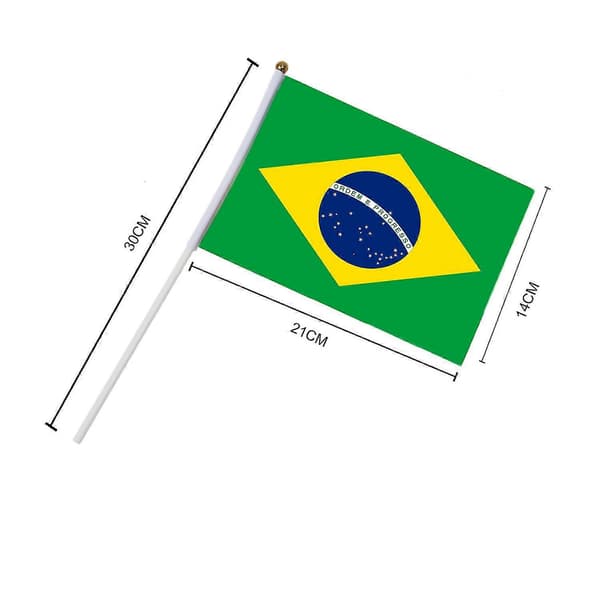 10 stk/pakke Brasiliansk flagg 21x14 cm polyester håndviftende flagg Brasil flagg med flaggstang og plast