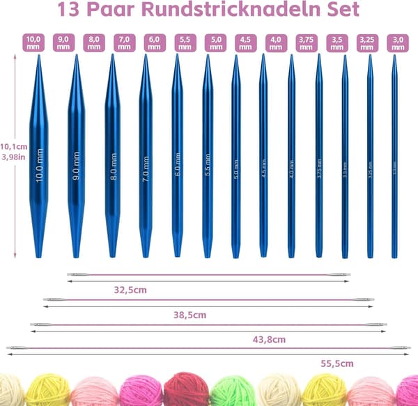 Utskiftbart rundpinnesett, 3.0-10.0mm, 40cm/60cm/80cm/100cm, utskiftbart med eske, aluminium, utskiftbar rundpinne, blå