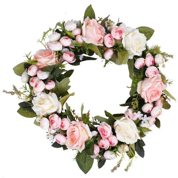 Our Door Wreath Artificial Silk Pink Rose Wreath for Front Door