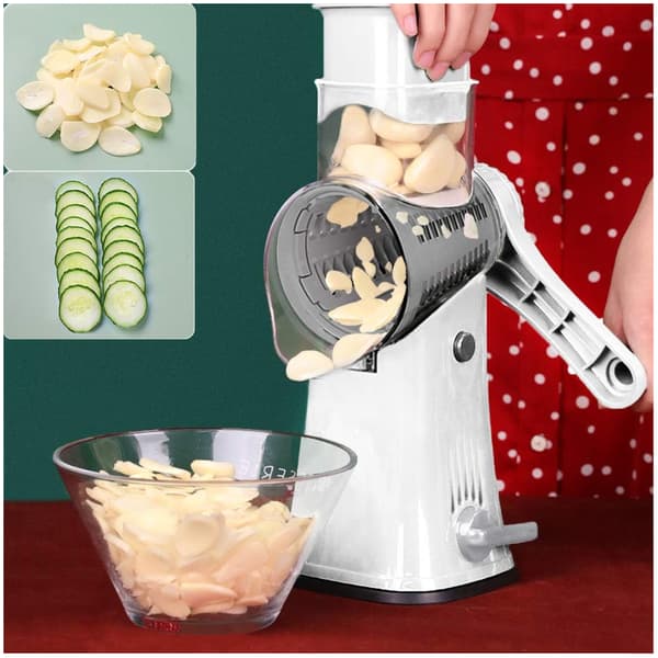 Rotary Grater, 5-in-1, with Flip Box, Vegetable Cutter, Waffle Cutter, Nut Chopper, with Handle and Strong Suction Cup, White