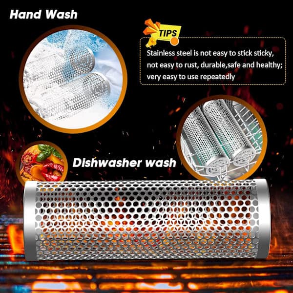 Rolling Grill Basket with Handle - 24x10 cm, Stackable BBQ Grill Basket for Vegetables, Outdoor Cooking