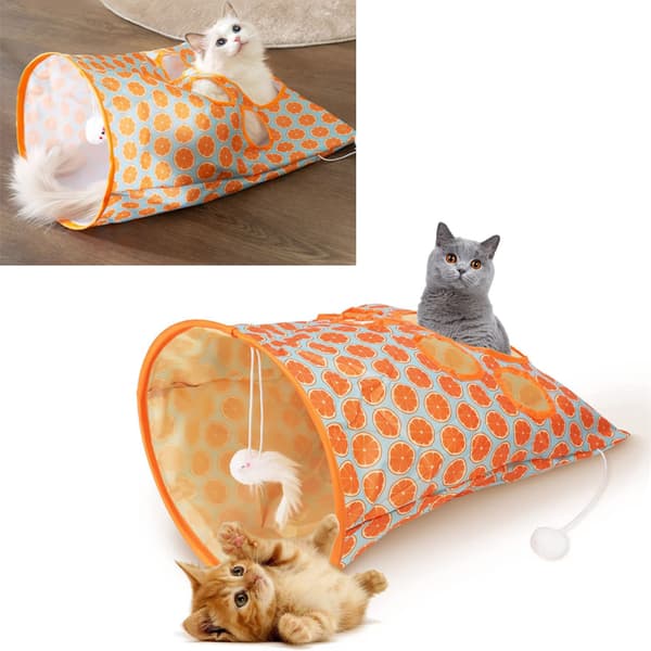 Sammenklappelig kattetunnelpose med 5 huller, knitrende lyd og plysbolde orange til killinger