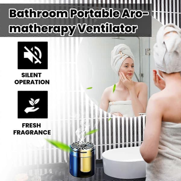 Bærbar aromaterapi-ventilator til badeværelse og bil, kompakt lugtfjerner med langtidsholdbare aromaterapi-tabletter, brugervenlig luftfrisker til lugtneutralisering
