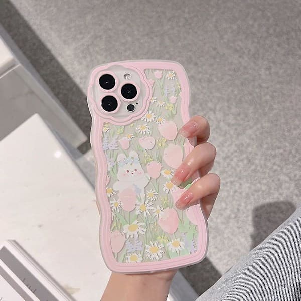 Kaninblommig telefonfodral för iPhone 13 Pro, transparent TPU-skal med handledsrem