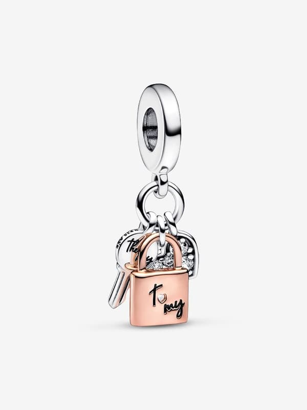 Pandora - Two-tone Key, Padlock & Heart Triple Dangle Charm - Sterling Silver, 14k Rose Gold Plating