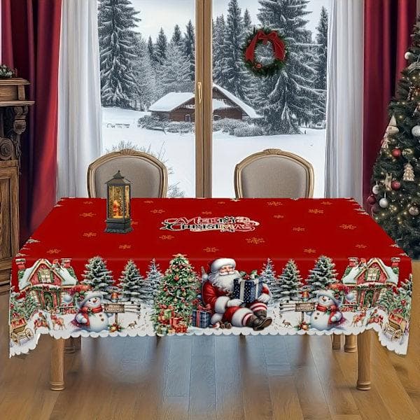 Julebordsduk, julenisse, snømann og juletremønstret duk, julebordsduk, rektangulær duk