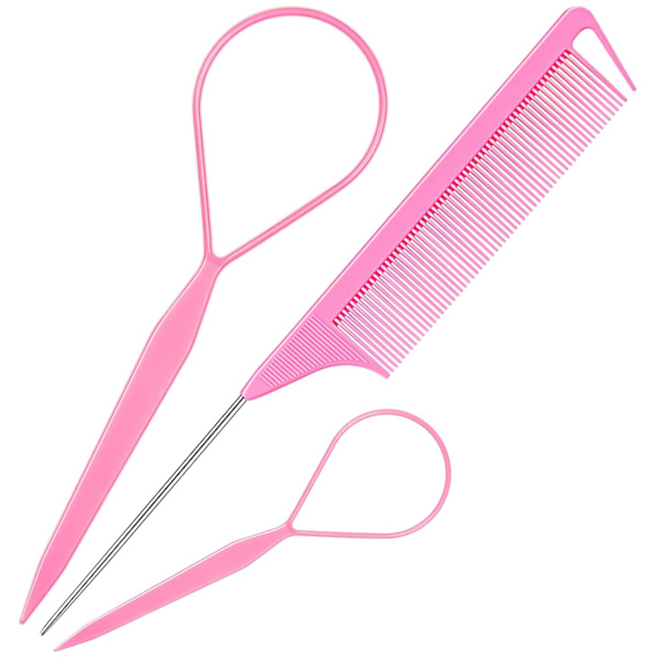 French Braid Tool, Rat Tail Comb and Metal Braid Pin in Pink 3 Pcs