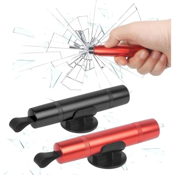 Emergency Hammer and Seatbelt Cutter 2-pack, Compact with Adhesive Mounts, Red and Black