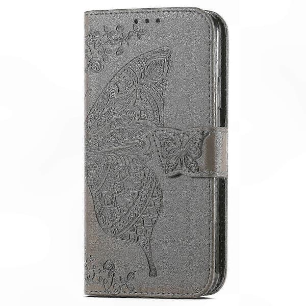 PU læderpung-etui med sommerfuglemønster til telefon Grey