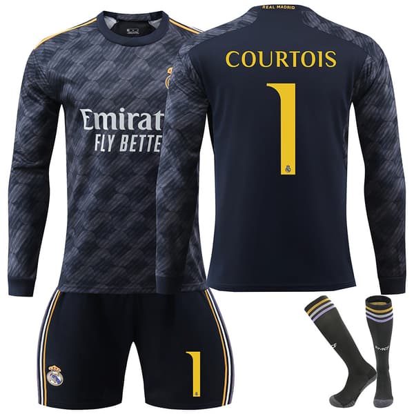 Madrid COURTOIS #5 2023/2024 RM Langærmet Efterår/Vinter Udebanetrøje/Shorts/Strømper Sæt Ungdom Børnestørrelser 24