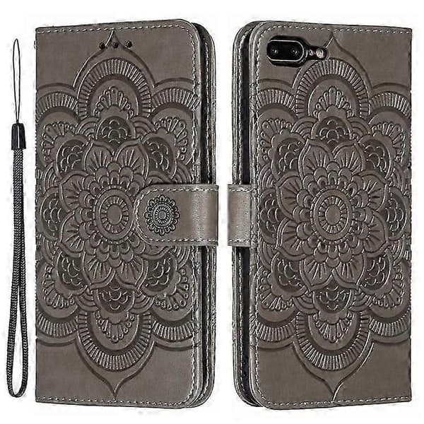 Imprint Mandala Blomsterpung Stand Flip Læder Etui med Rem Kompatibel til iPhone 8 Plus/7 Plus 5.5 tommer Grey