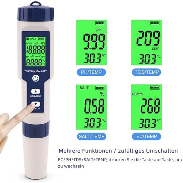 PH-mätare, 5 i 1 PH/TDS/EC/Salthalts-/Temperaturmätare, Vattenkvalitetsmonitor för Simbassänger, Hydroponik