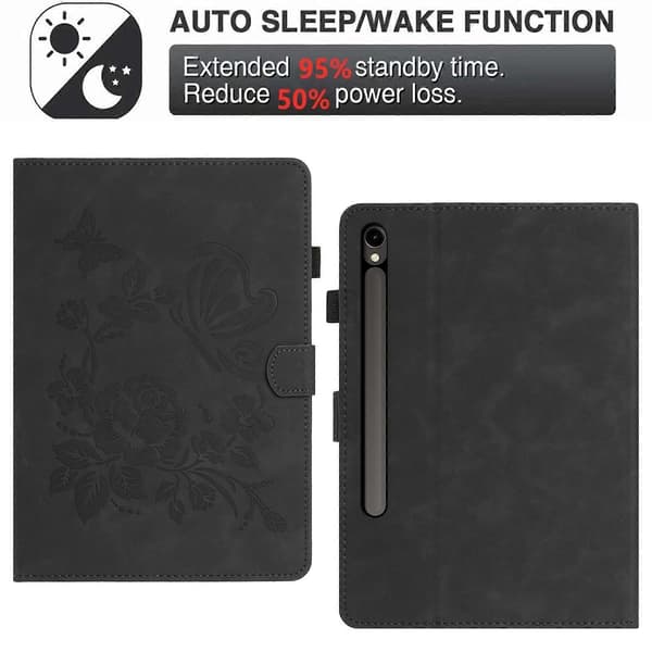 Tablet-etui til Samsung Galaxy Tab S10 Lite S10 FE S9 FE S9 kortholder stativ sommerfugl blomsterprint sort Black Black