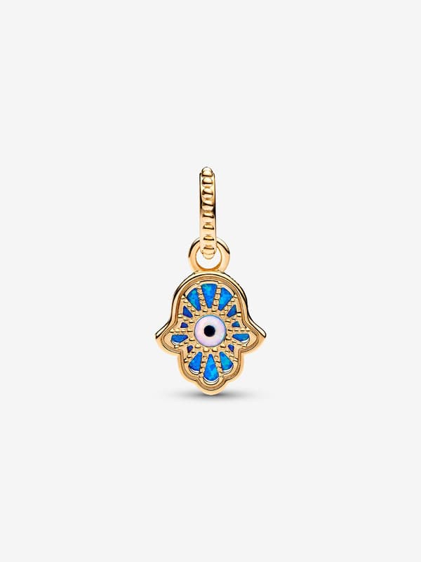 Pandora - Opaliserende Blå Hamsa Hånd Dingle Charm - 14k gullbelegg