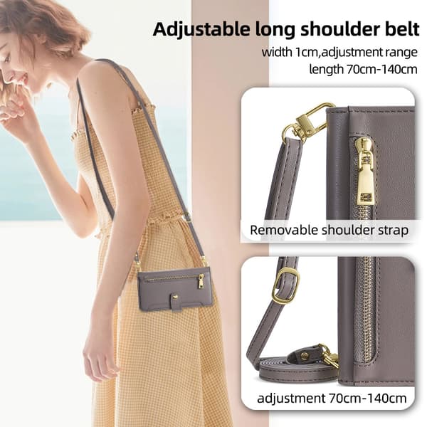 Compatible with Samsung S22 flip crossbody phone case with lanyard multifunctional phone leather case grey
