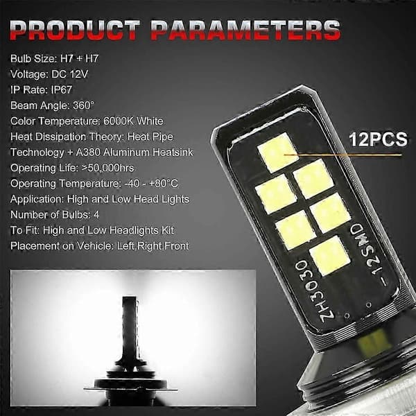 4x H7 LED frontlyspære Kit Fjernlys Nærlys 220W 60000lm Supersterk 6000k Hvit