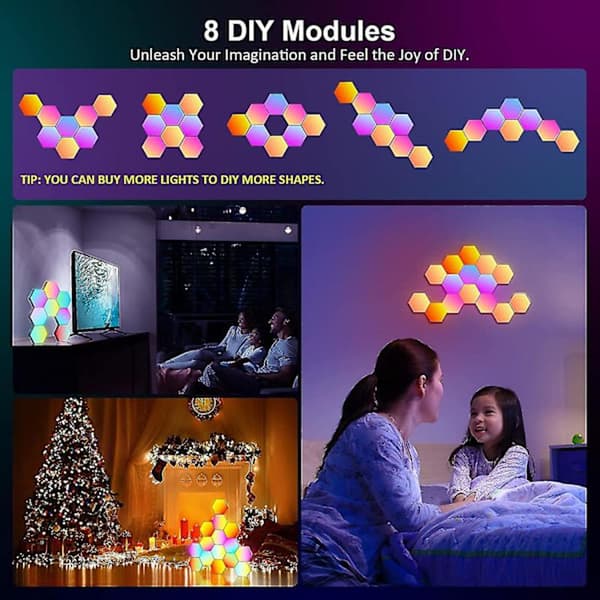 8-pak hexagon væglampe LED-panel - Smart App RGB hexagon modulær spillys musik med synkroniserings bikubeformede paneler hexagon lamper til sov...